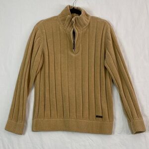 Quarter Zip Ribbed Knit Sweater Tan Sz 42